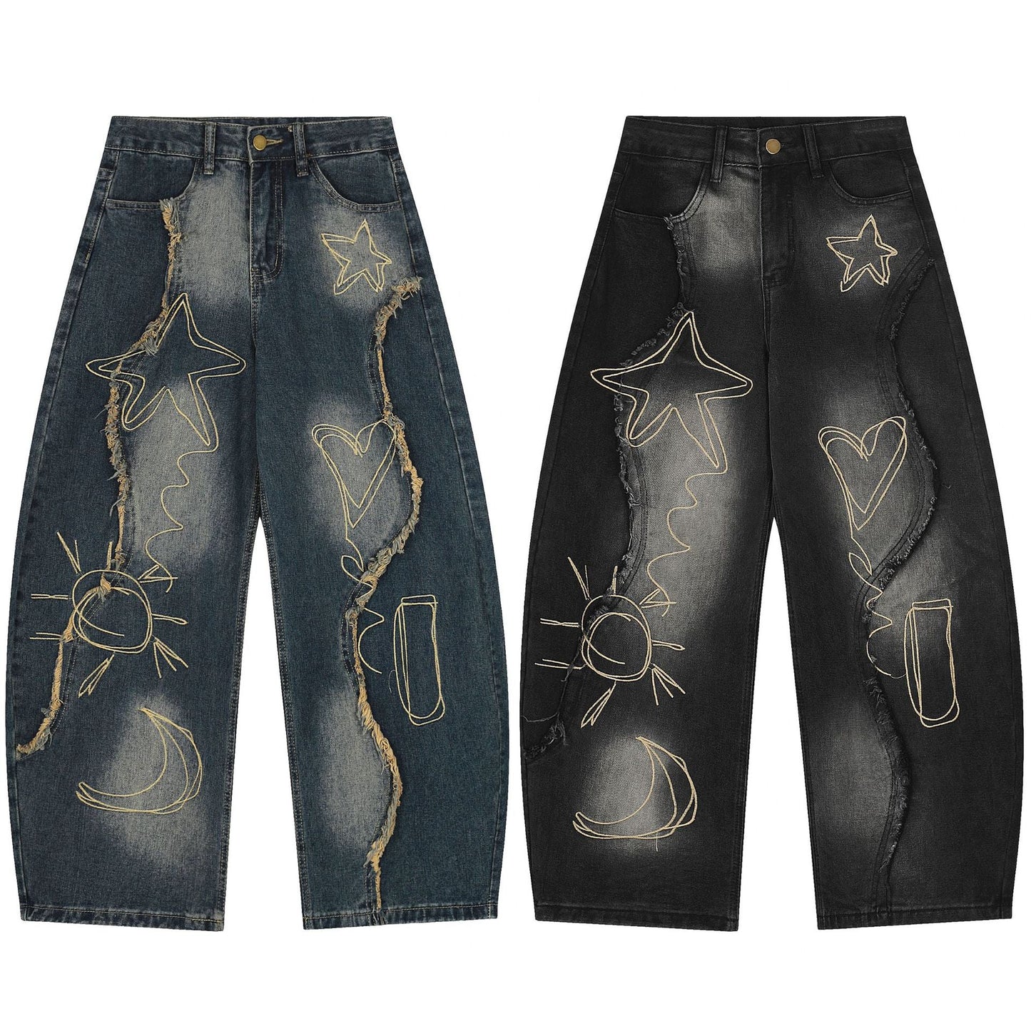 YAVIORA Embroidered Frayed Jeans