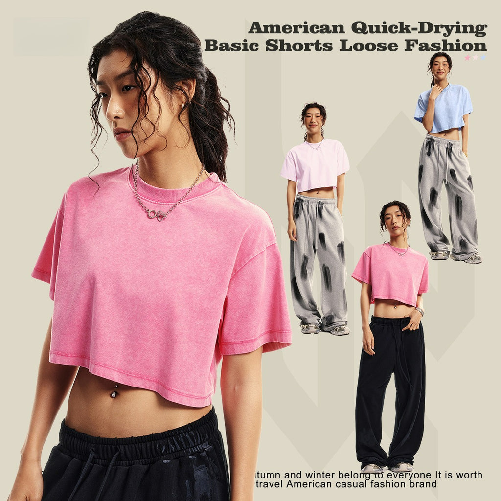 Yaviora Round Neck Crop Top Sexy Loose Short-Sleeve T-Shirt
