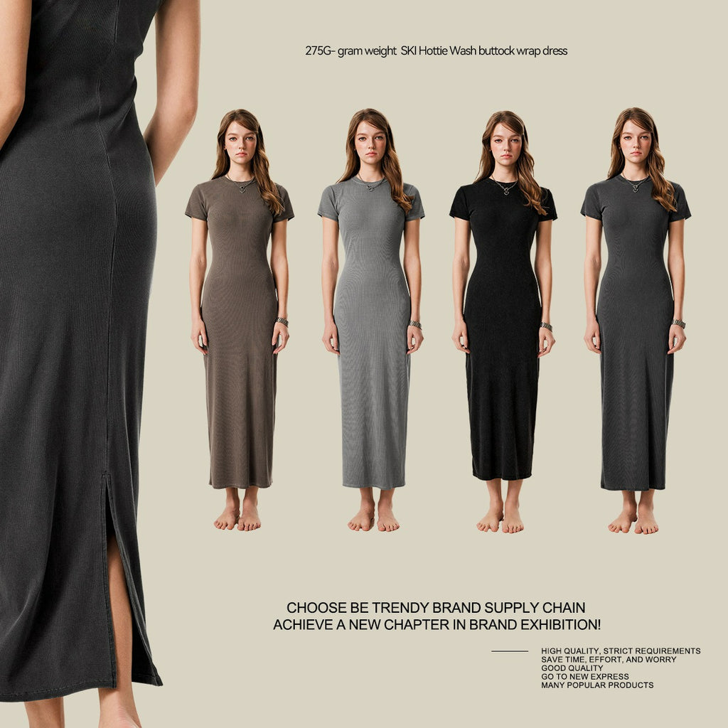 Yaviora Short-Sleeve Long Dress Slim Fit Bodycon Slit Skirt