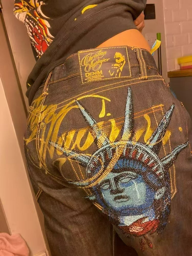 "Statue of Liberty" Distressed Loose-Fit High-Street Denim Jeans