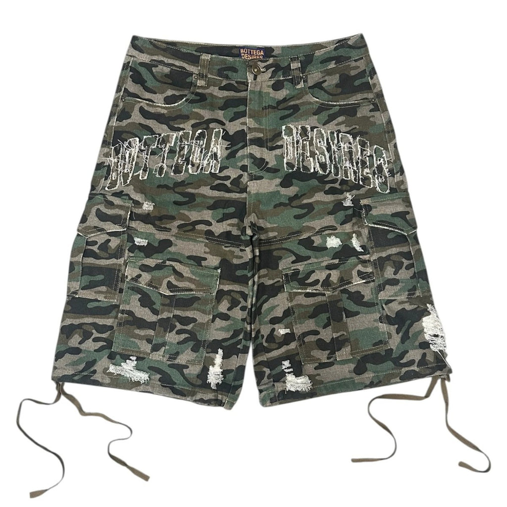 Camouflage Distressed Denim Cargo Shorts