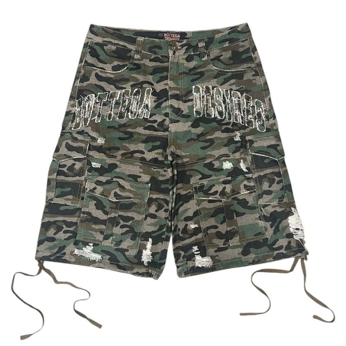 Camouflage Distressed Denim Cargo Shorts