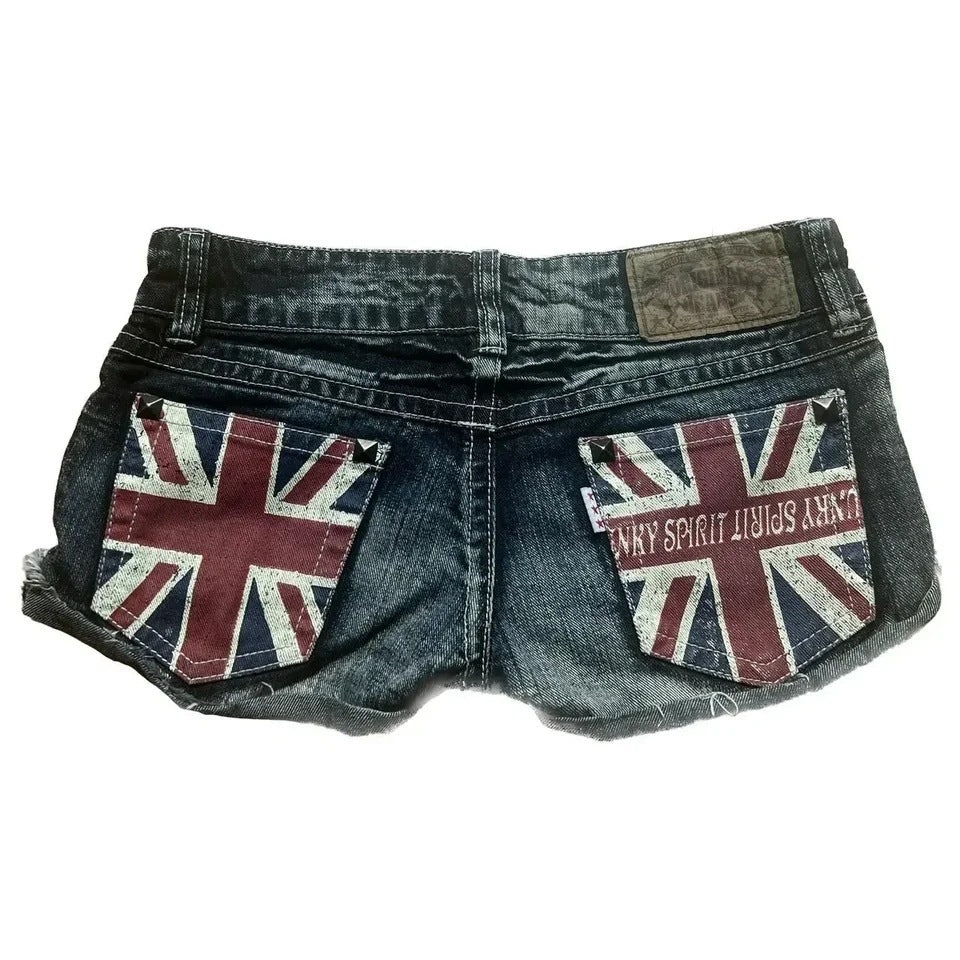 Y2K Gothic Flag-Print Color-Block Low-Rise Slim-Fit Denim Shorts