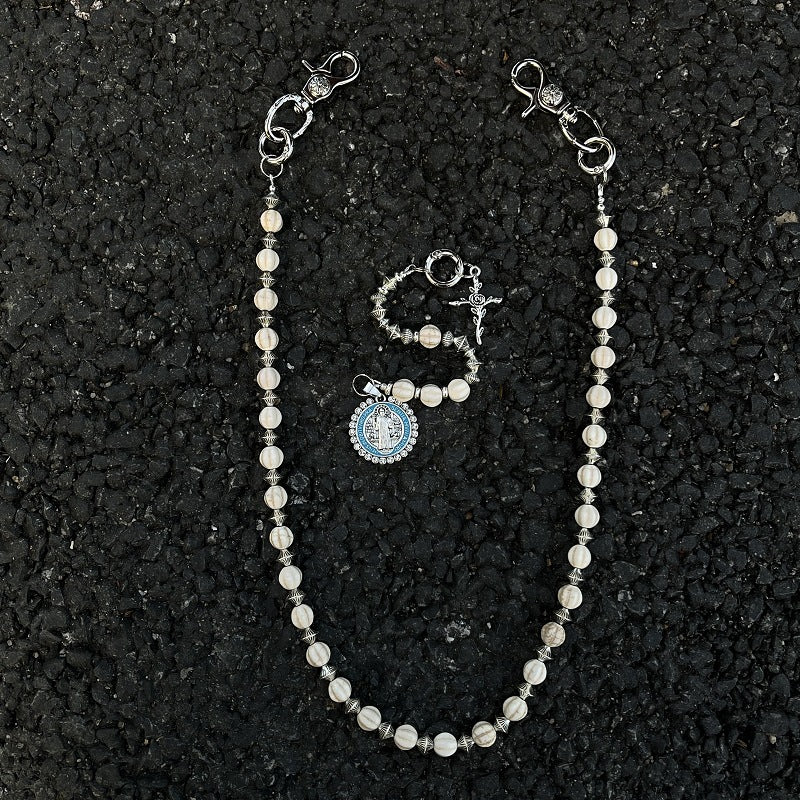 Saint Benedict Rosary Wallet Chain Pearl Bead Silver