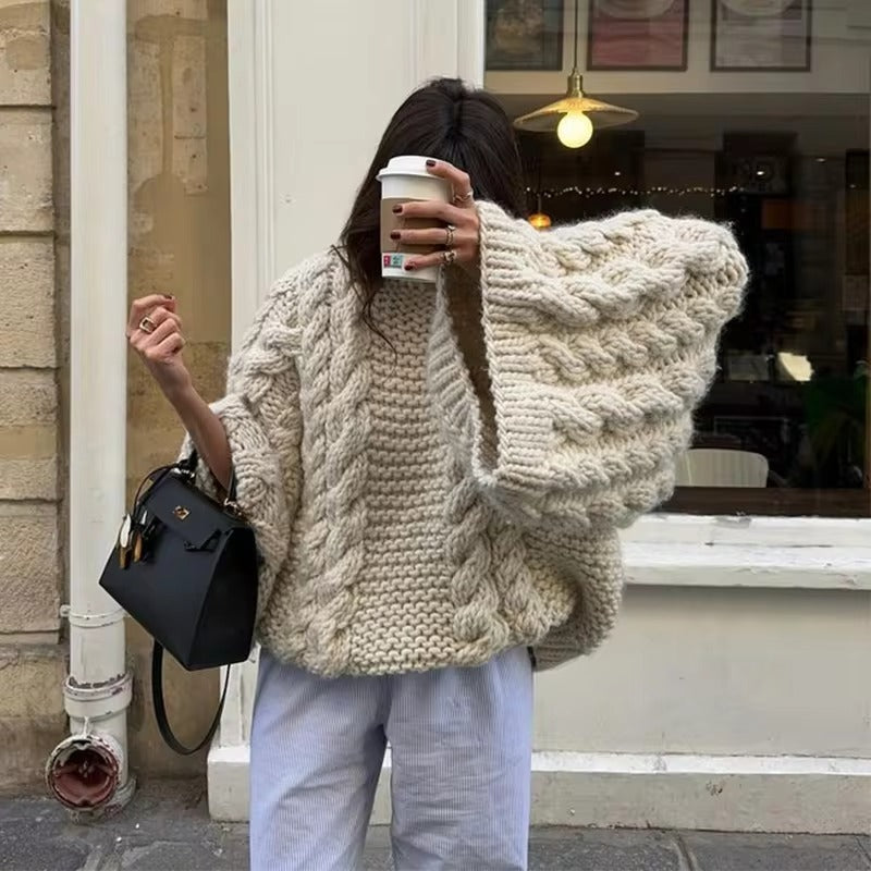 Loose Cable-Knit Sweater with Oversized Flared Sleeves