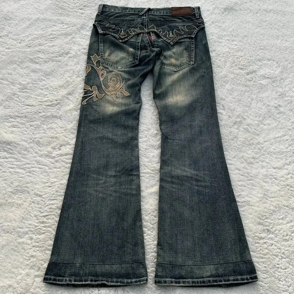 Y2K Dark-Style Patchwork Embroidered Flare Jeans