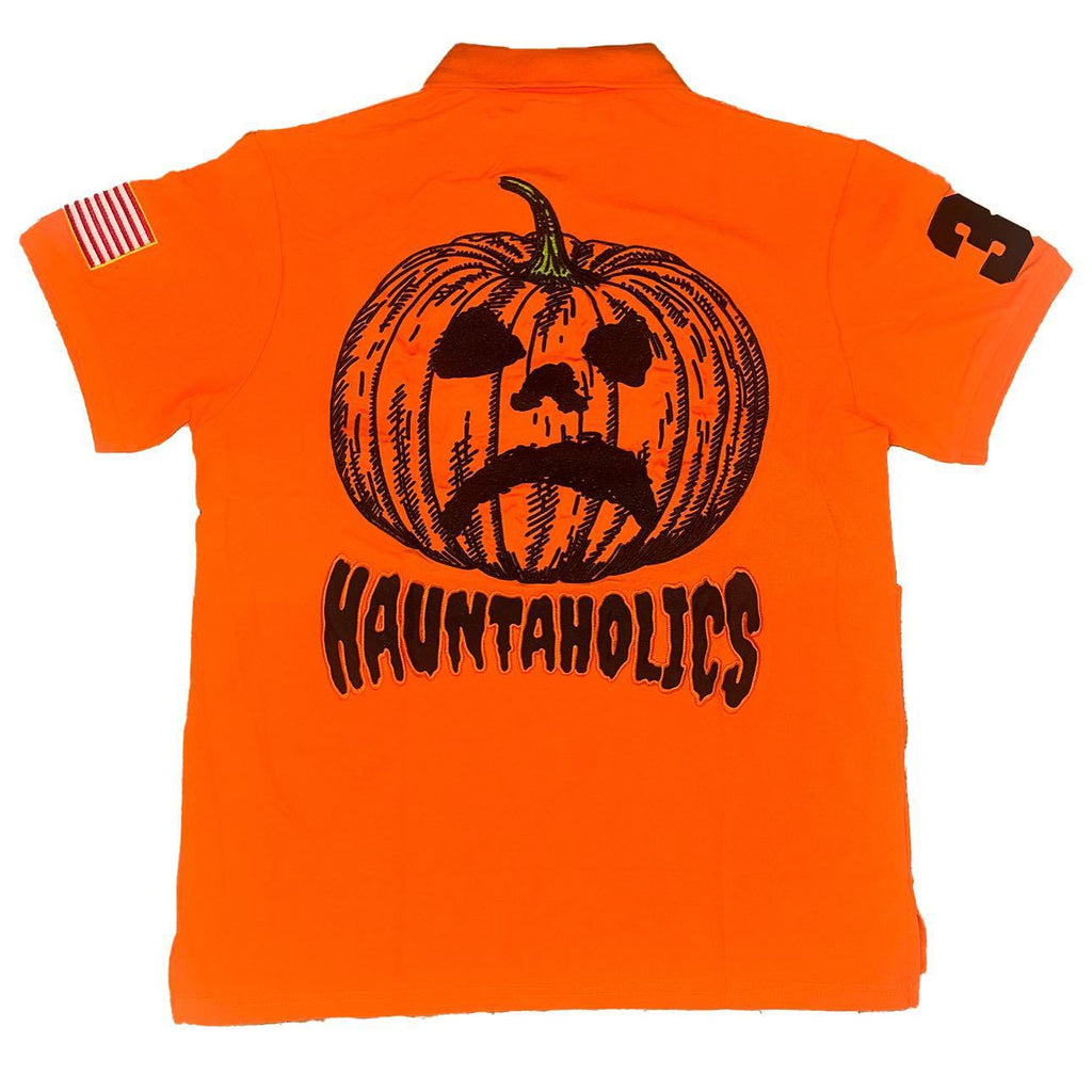 Fully embroidered Halloween pumpkin-head polo shirt