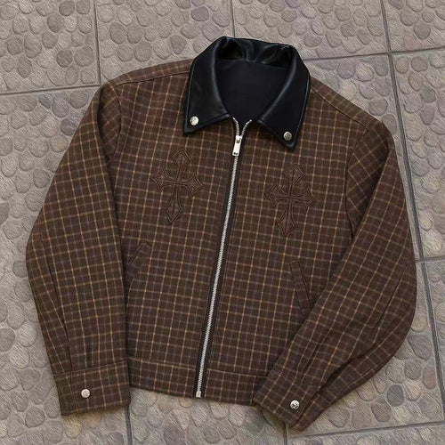 Retro Striped Pullover Jacket with 3D Embroidery and Dual Zippers