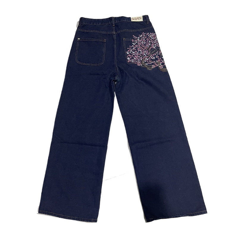 Retro Straight-leg Jeans with Plum Blossom Embroidery