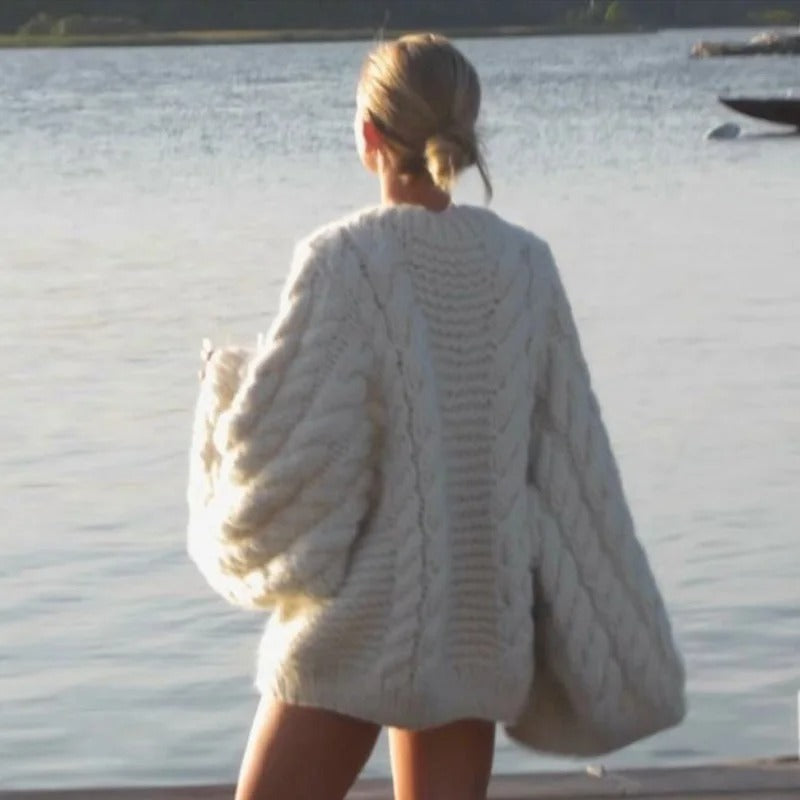 Loose Cable-Knit Sweater with Oversized Flared Sleeves