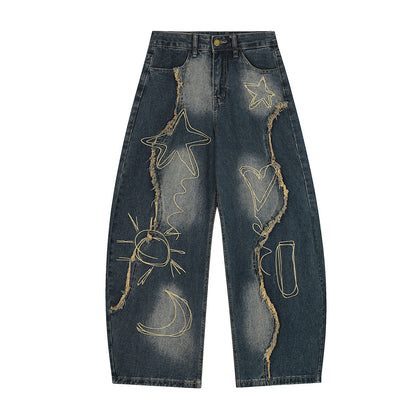 YAVIORA Embroidered Frayed Jeans