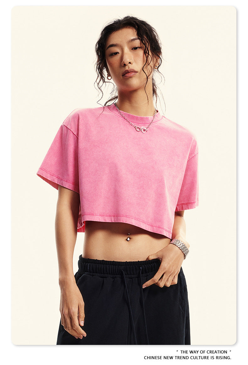 Yaviora Round Neck Crop Top Sexy Loose Short-Sleeve T-Shirt