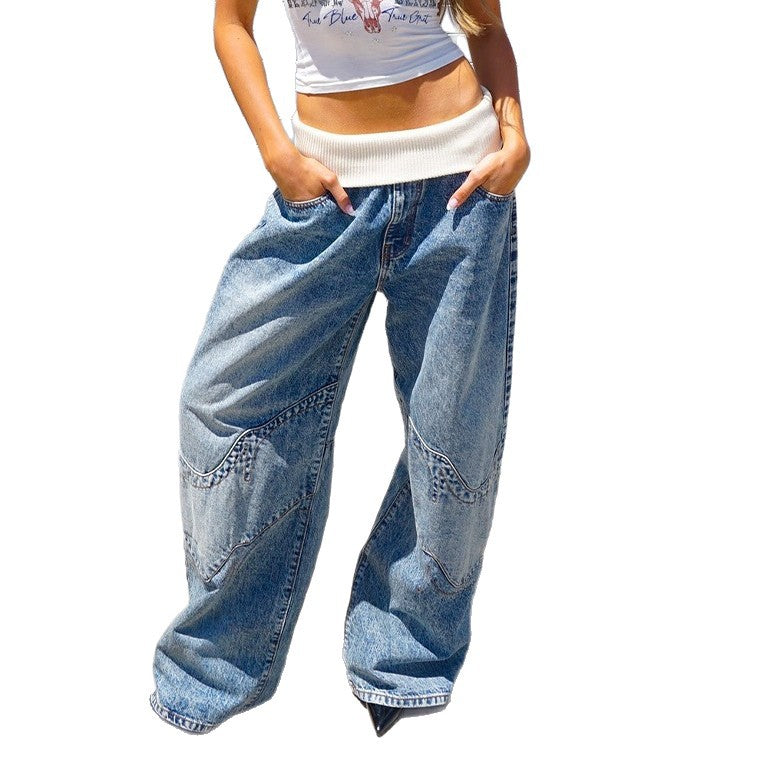 Y2K Patchwork Loose-Fit Low-Rise Jeans with Fold-Over Waistband
