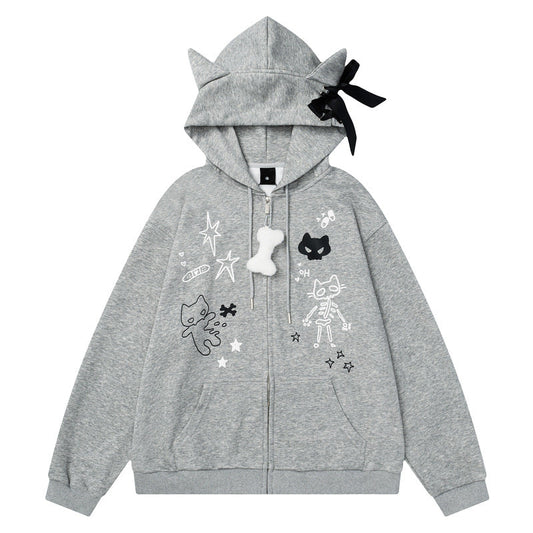YAVIORA Cat Print Zip Hoodie
