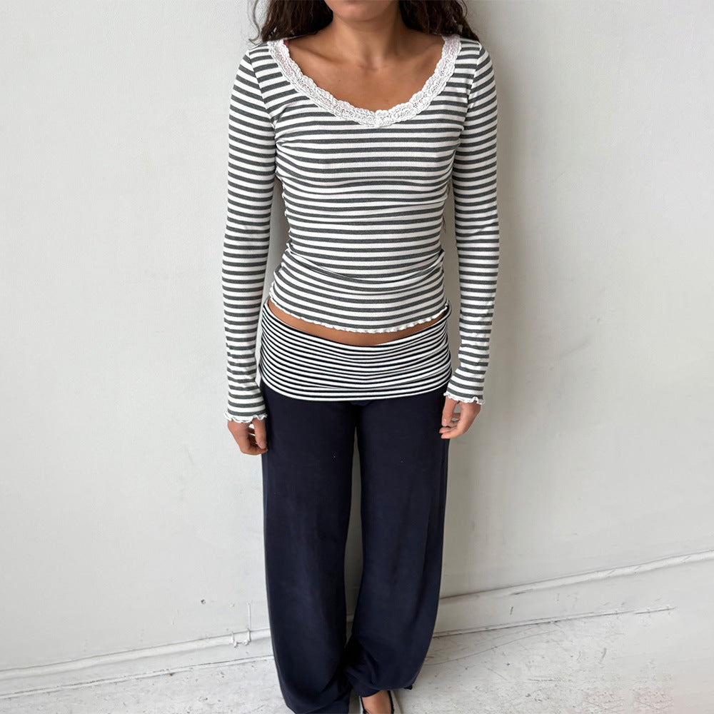 Women's Y2K Striped Fold-Over Waist Butt-Lifting Trousers