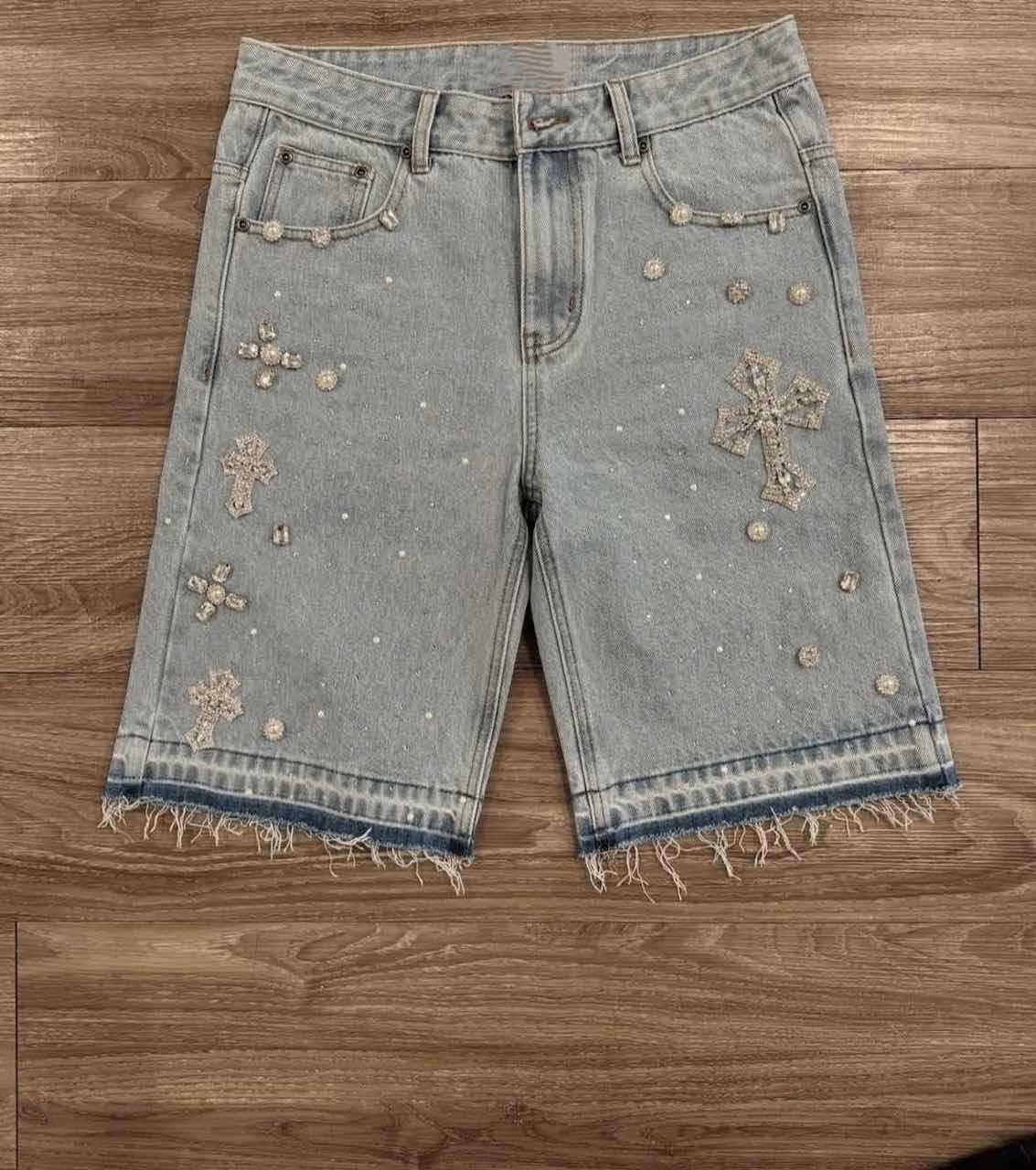Full rhinestone hip-hop cross hot-fix denim shorts