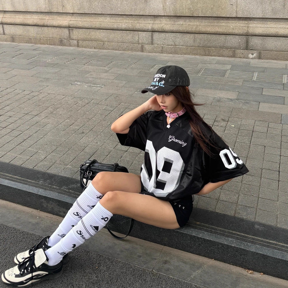 09 Letter print V-neck breathable short-sleeved jersey