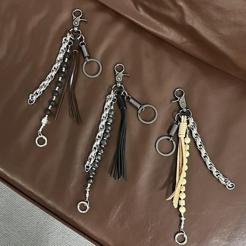 Biker Wallet Chain Lava Bead Leather Tassel Keychain