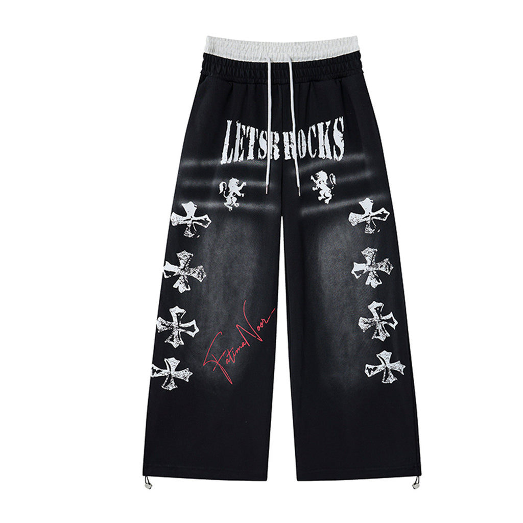 YAVIORA Cross Lion Faux Two-Piece Wide Leg Pants