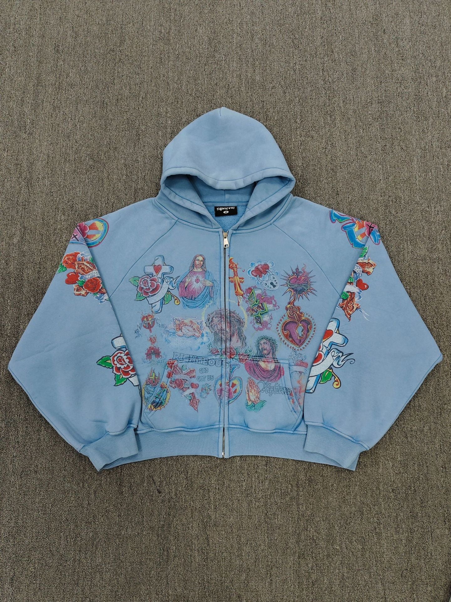 Jesus Sacred Heart Rose Print Cropped Zip‑Up Hoodie Y2K Vintage Streetwear