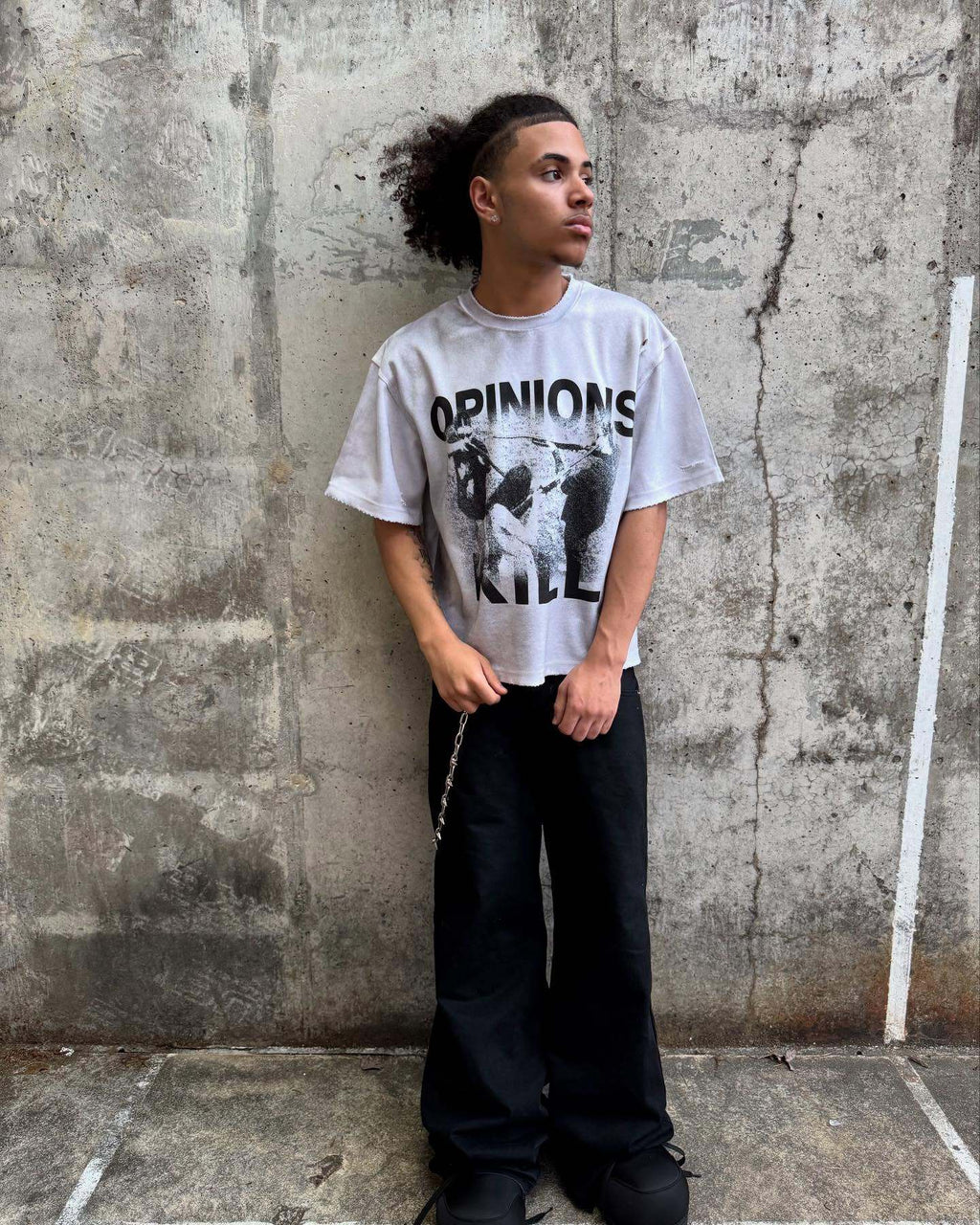 Street-style graffiti and vinyl record print T-shirt