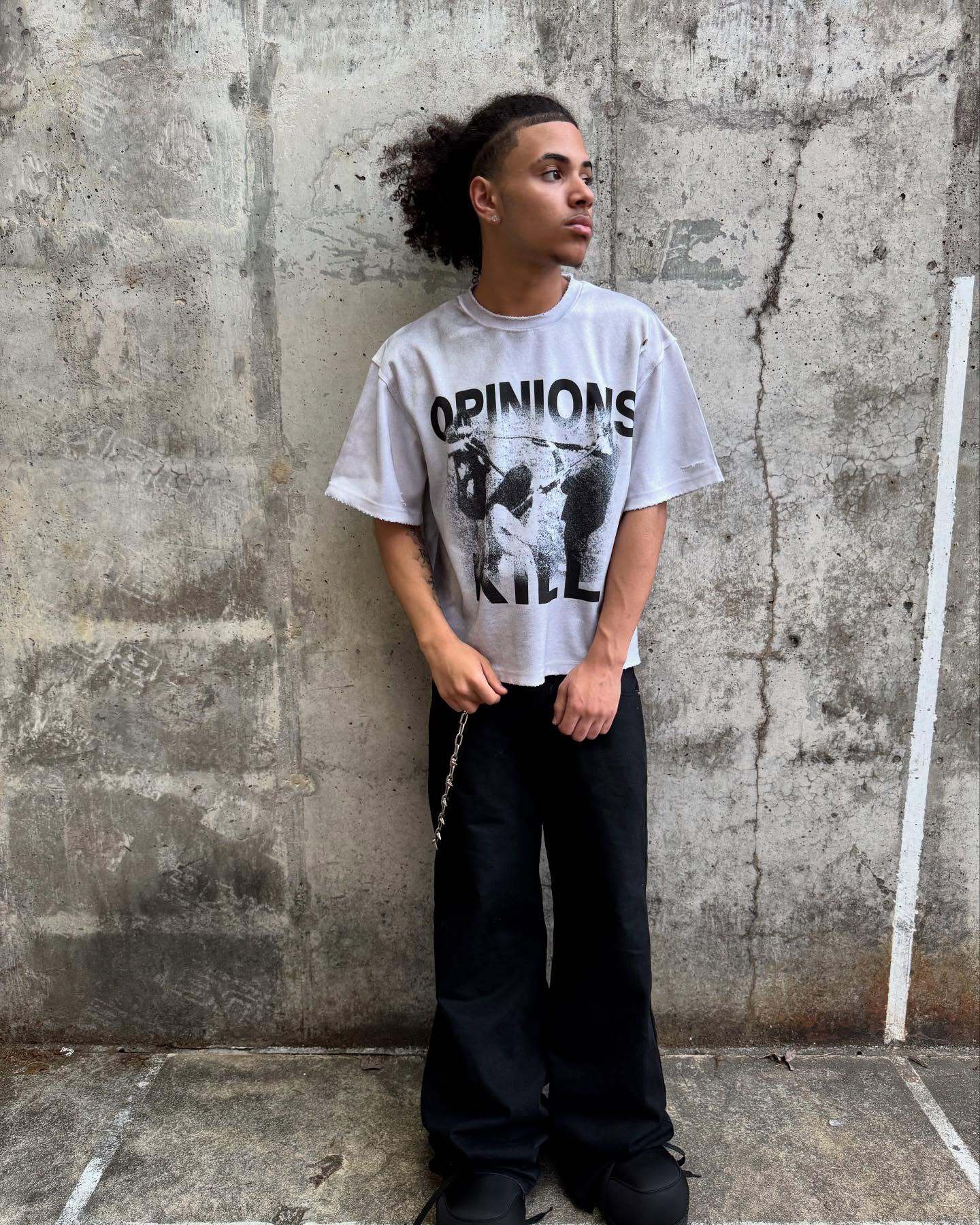 Street-style graffiti and vinyl record print T-shirt