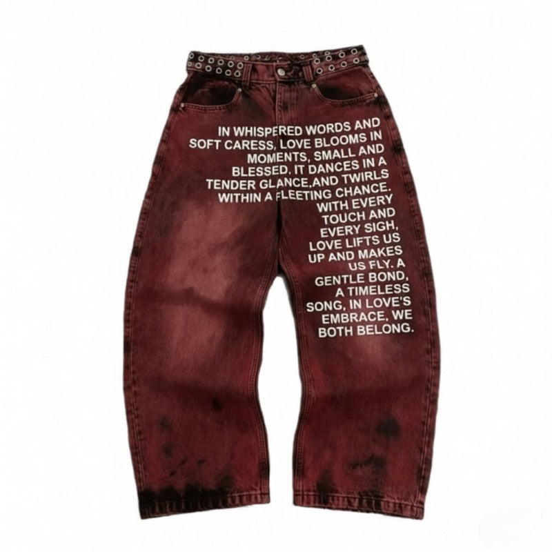 Y2K Men's Hip-Hop Jeans with American-Style Graphic Lettering