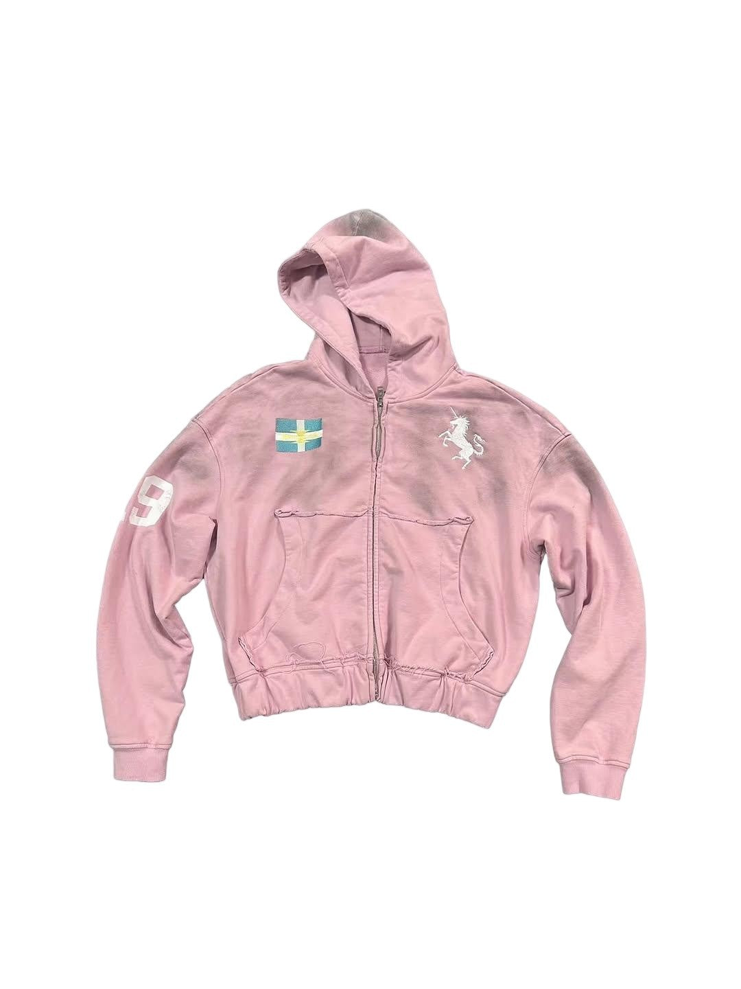 Y2k Pink Embroidered Cardigan Hooded Sweatshirt