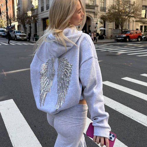"Hot Girl" Style Sequin-Wing Sweatshirt and Pants Set