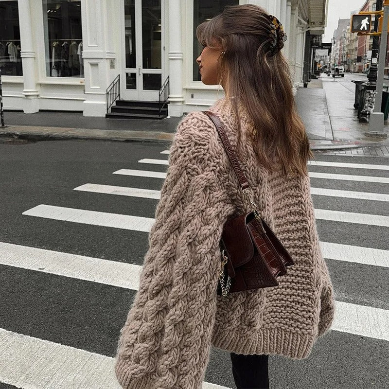 Loose Cable-Knit Sweater with Oversized Flared Sleeves