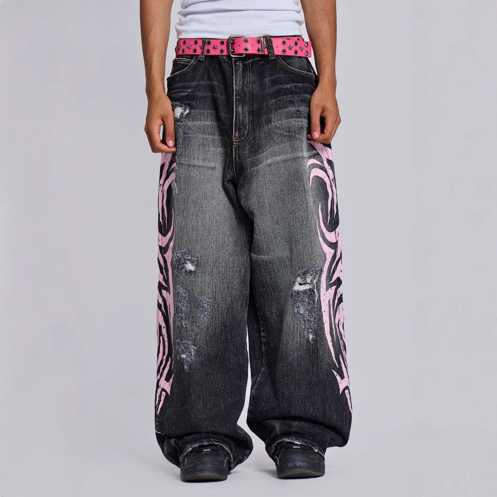 Y2K Hip-Hop Style Washed, Distressed, and Printed Jeans