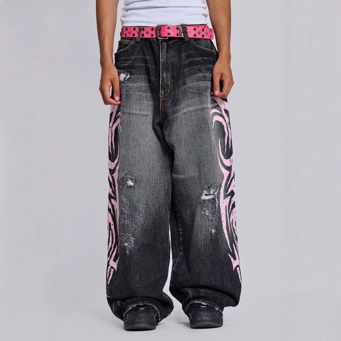 Y2K Hip-Hop Style Washed, Distressed, and Printed Jeans