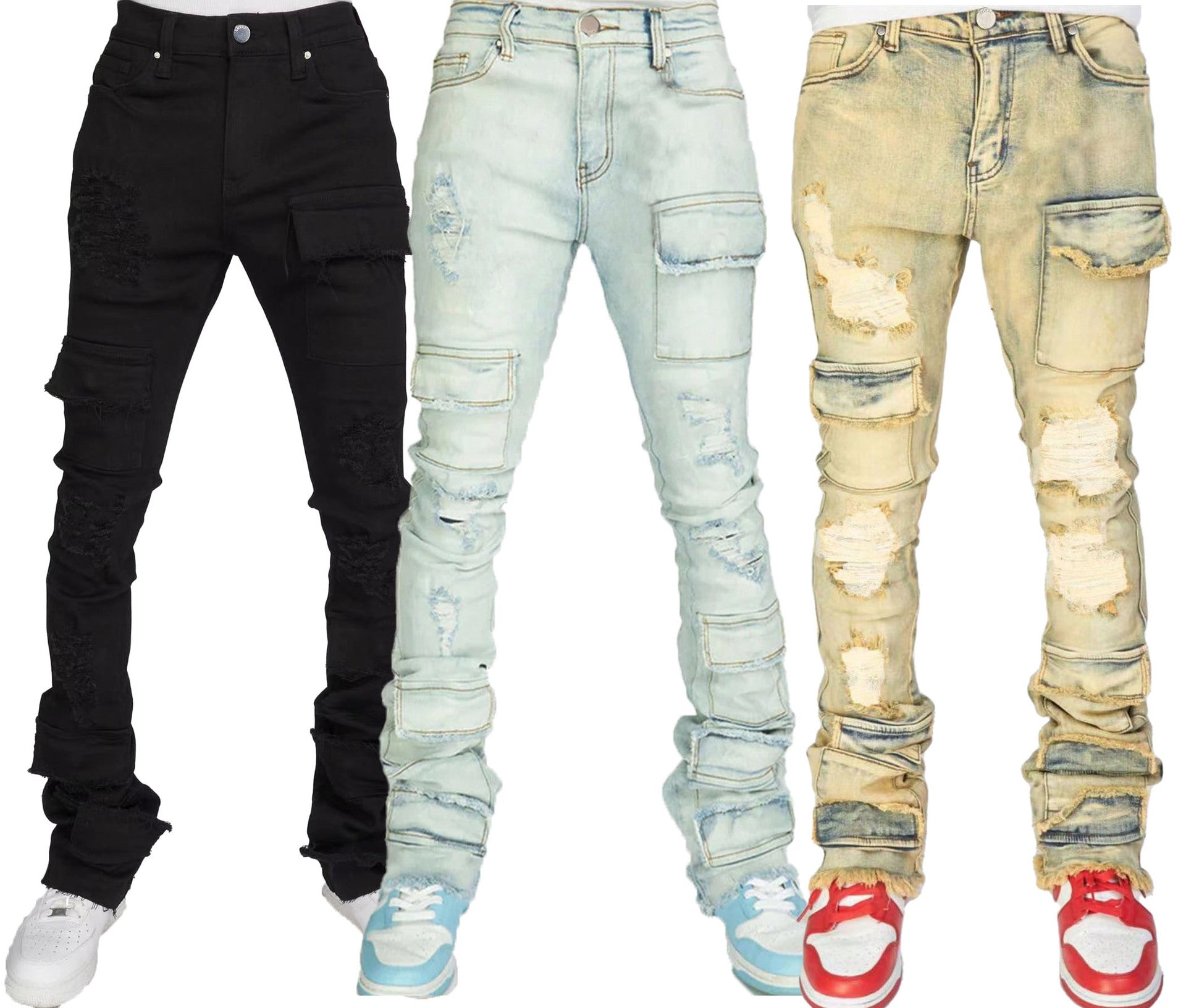 Stretch Ripped Denim Layered Flare Cargo Jeans