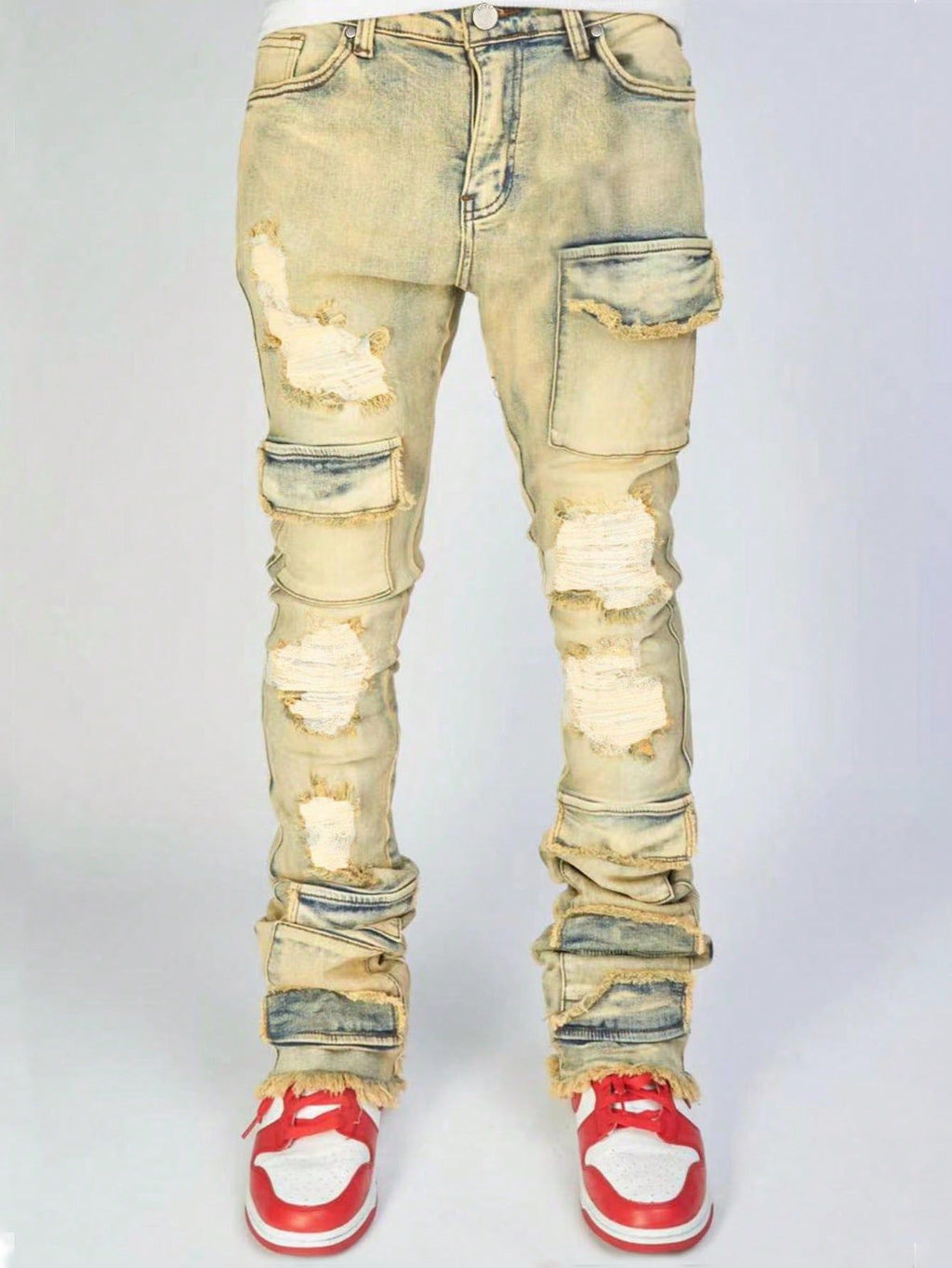 Stretch Ripped Denim Layered Flare Cargo Jeans