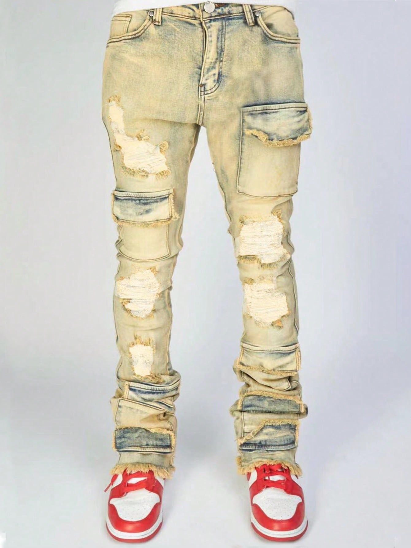 Stretch Ripped Denim Layered Flare Cargo Jeans