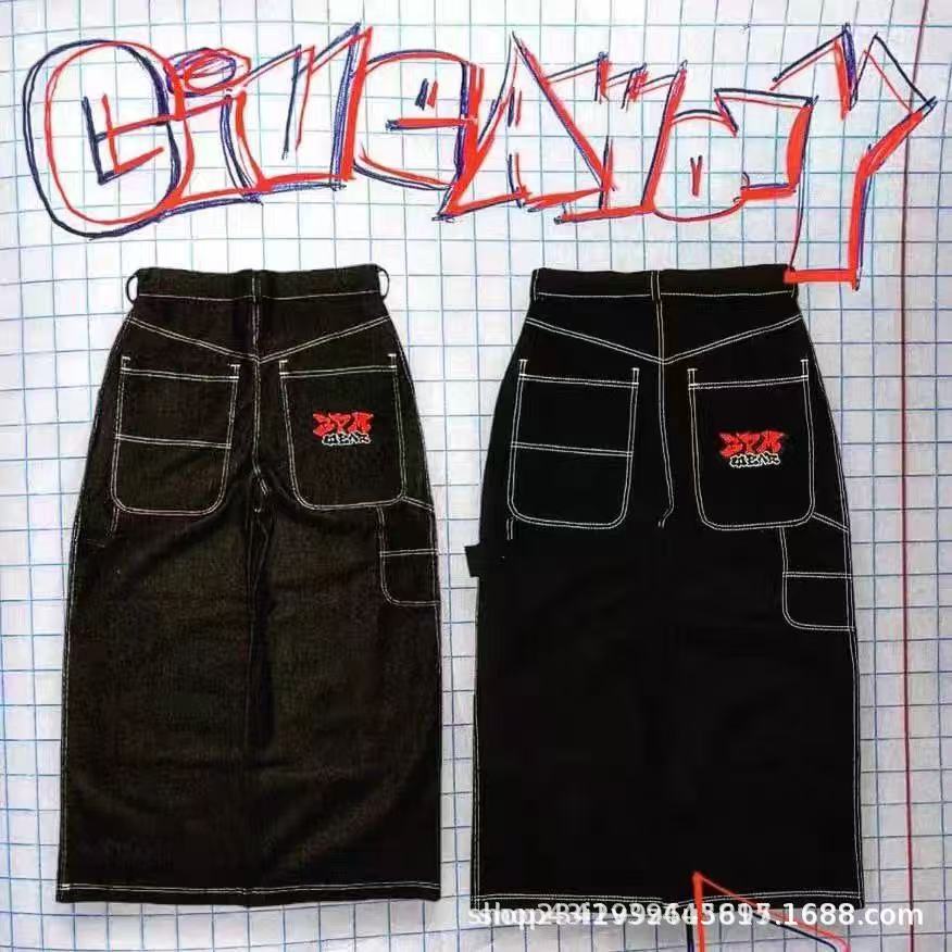 Vintage-Wash Denim Jeans with Y2K Hip-Hop Embroidery