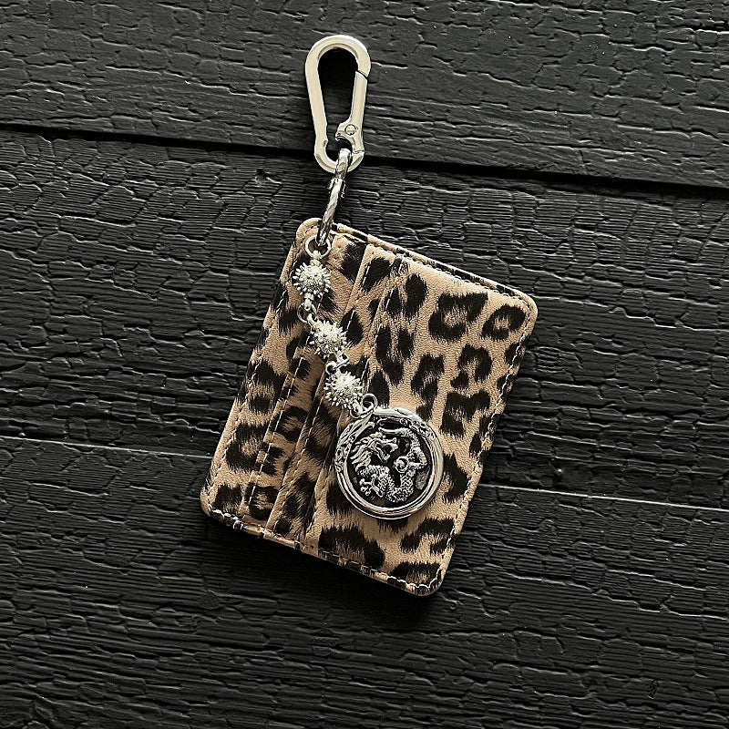 Leopard Print Keychain Card Holder with Dragon Charm