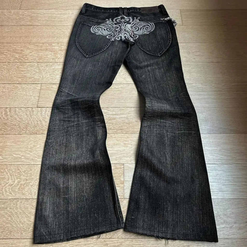 Y2K punk flared jeans, heavy embroidered jeans