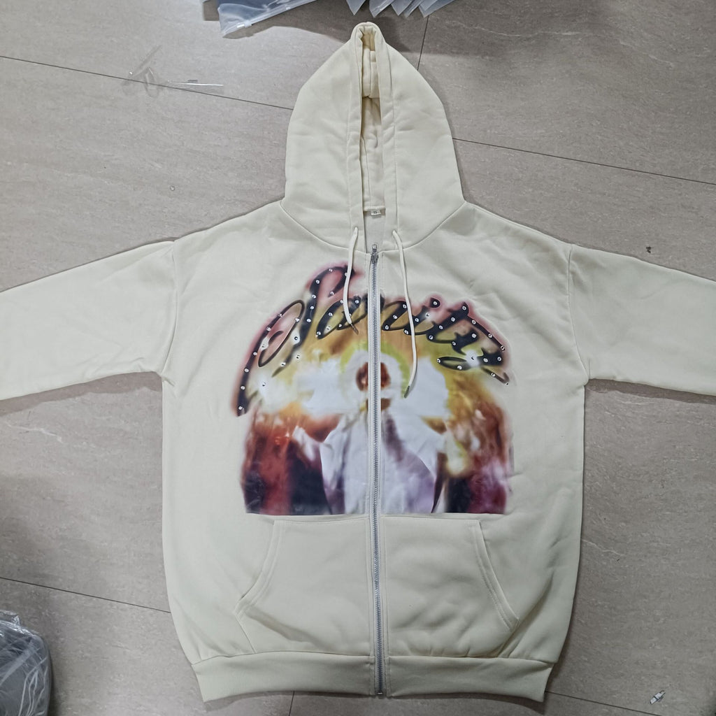 Y2K Hip-Hop Star-Print Racing-Style Zip-Up Hoodie