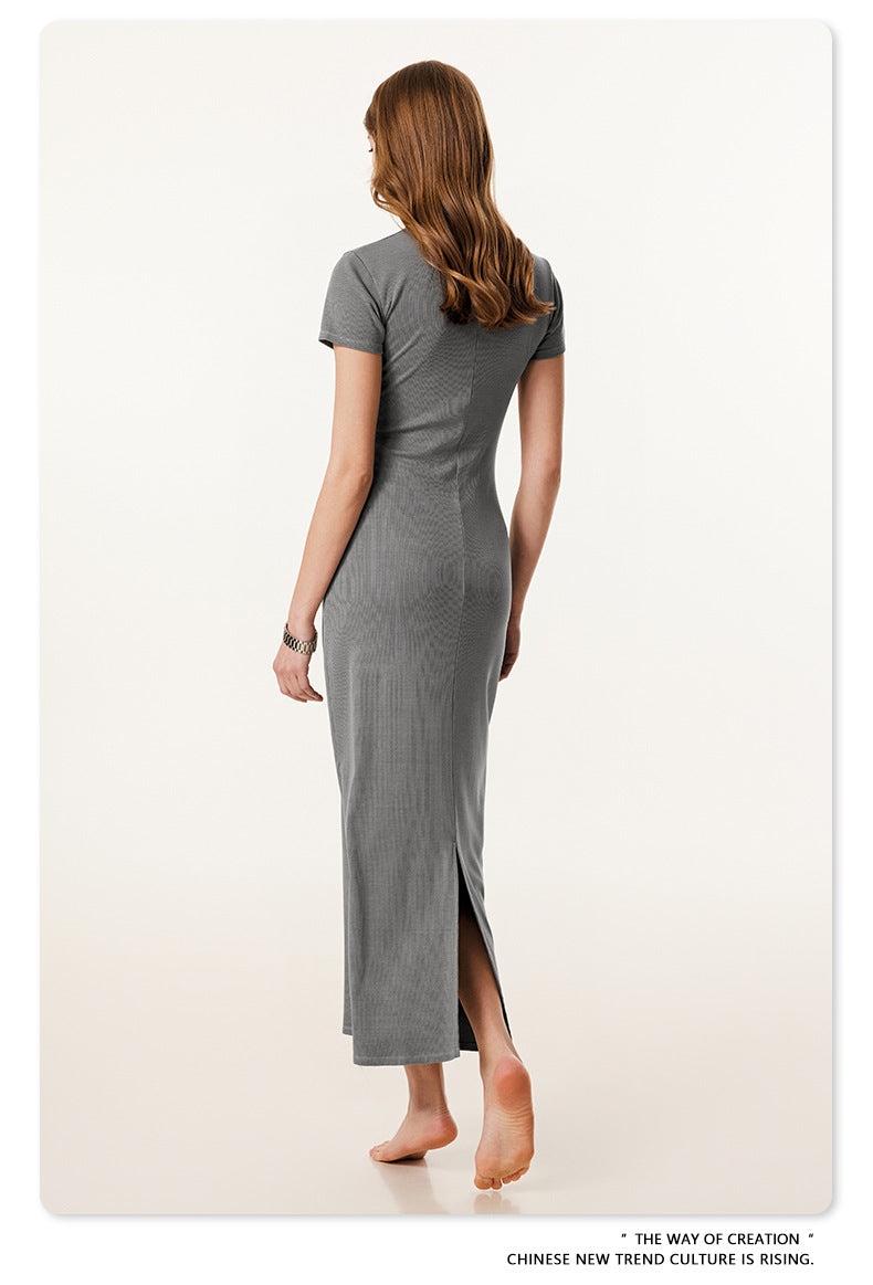 Yaviora Short-Sleeve Long Dress Slim Fit Bodycon Slit Skirt