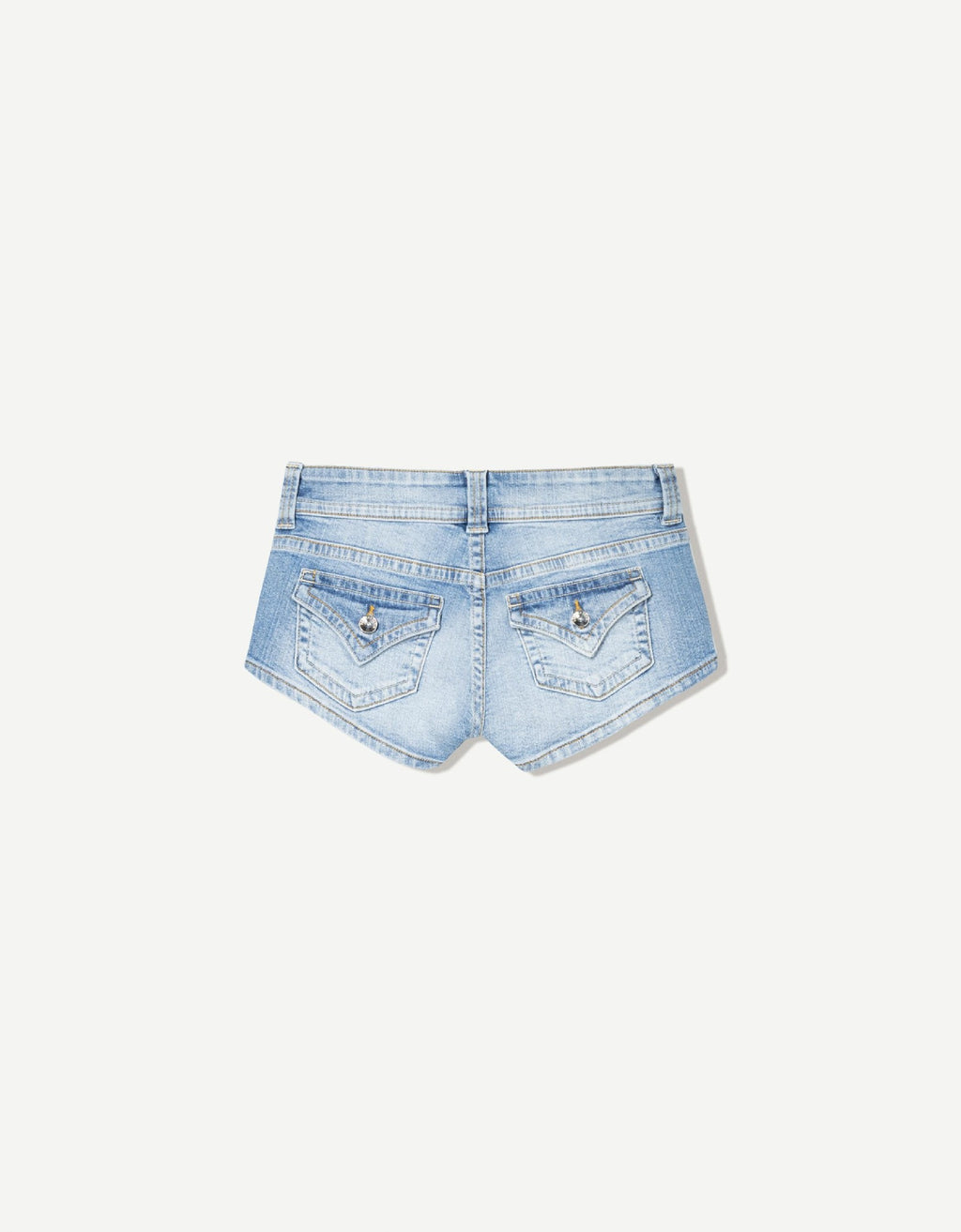 Edgy low-rise double-button denim shorts—hip-hugging hot pants.