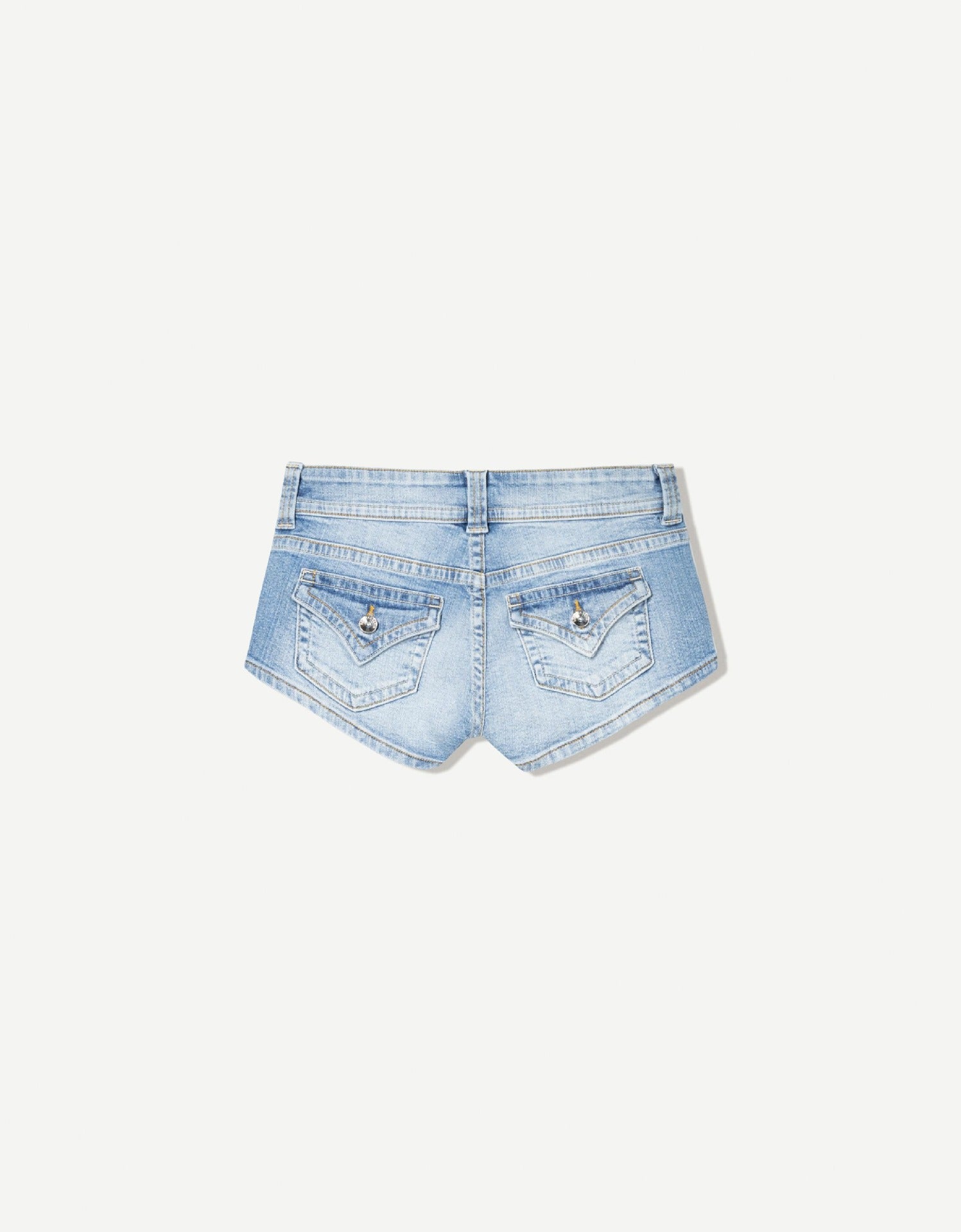 Edgy low-rise double-button denim shorts—hip-hugging hot pants.