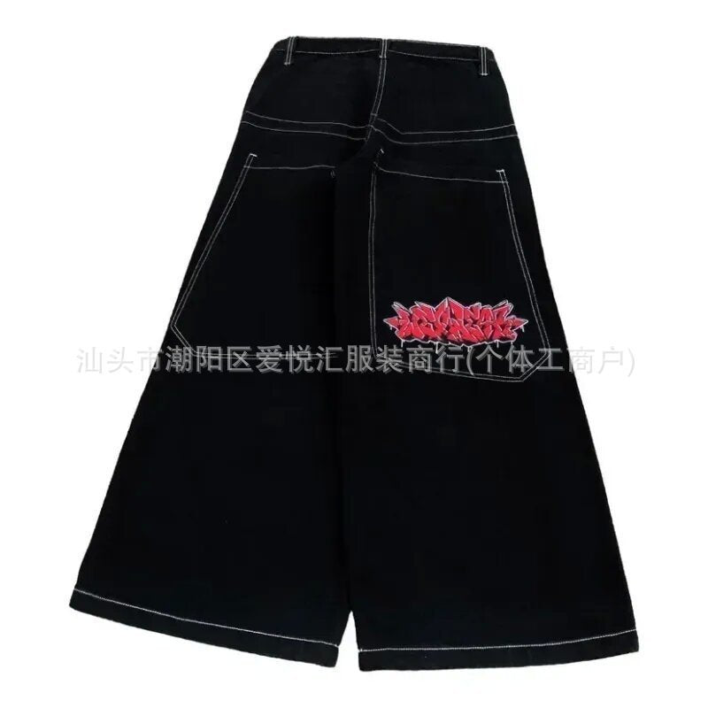 Vintage-Wash Denim Jeans with Y2K Hip-Hop Embroidery