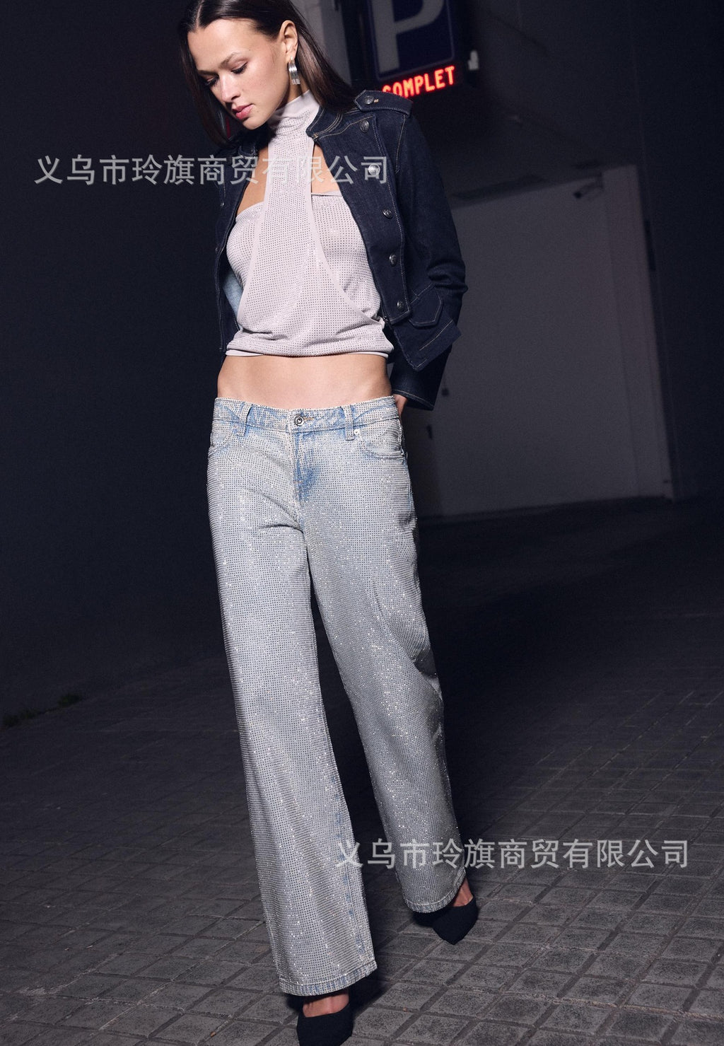 Star Print Rhinestone Embroidered Jeans