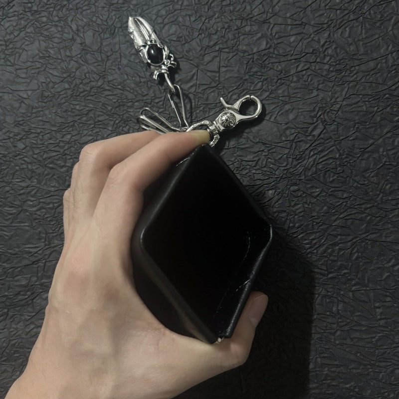 Black Leather Keychain Wallet with Silver Feather Charm