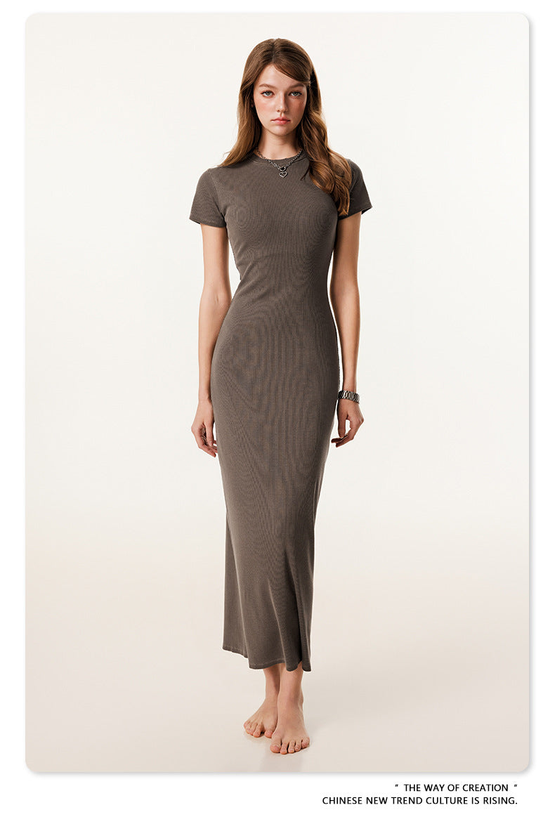 Yaviora Short-Sleeve Long Dress Slim Fit Bodycon Slit Skirt