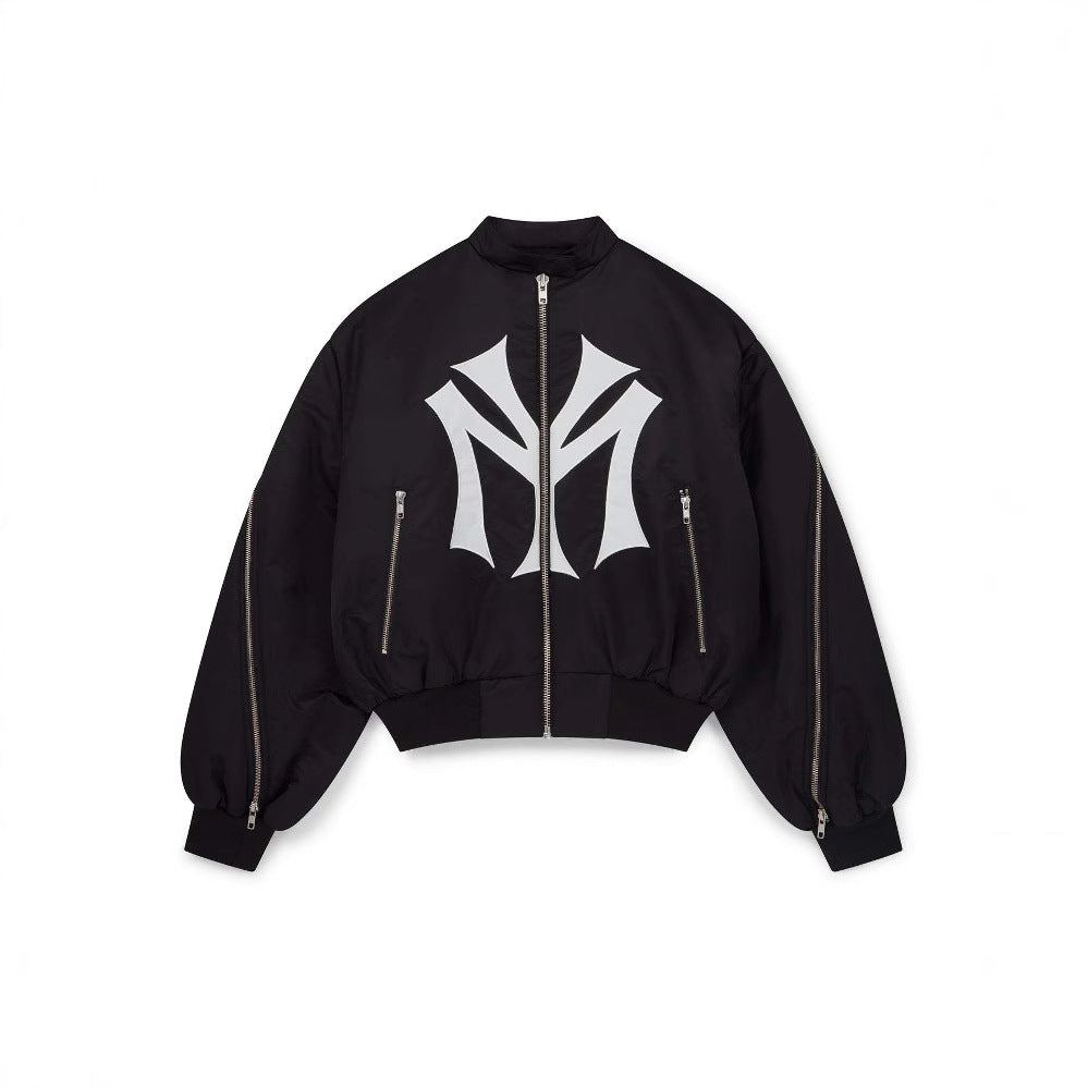 oose-fit sweatshirt with multi-zipper design and letter embroidery.