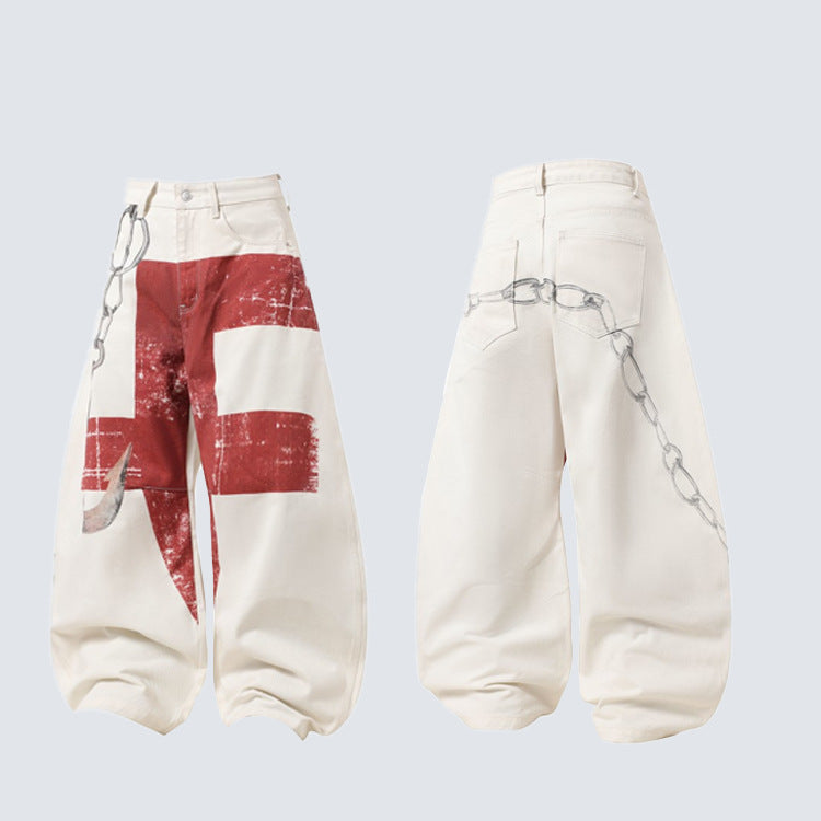 YAVIORA Red Cross Chain Wide Denim Pants