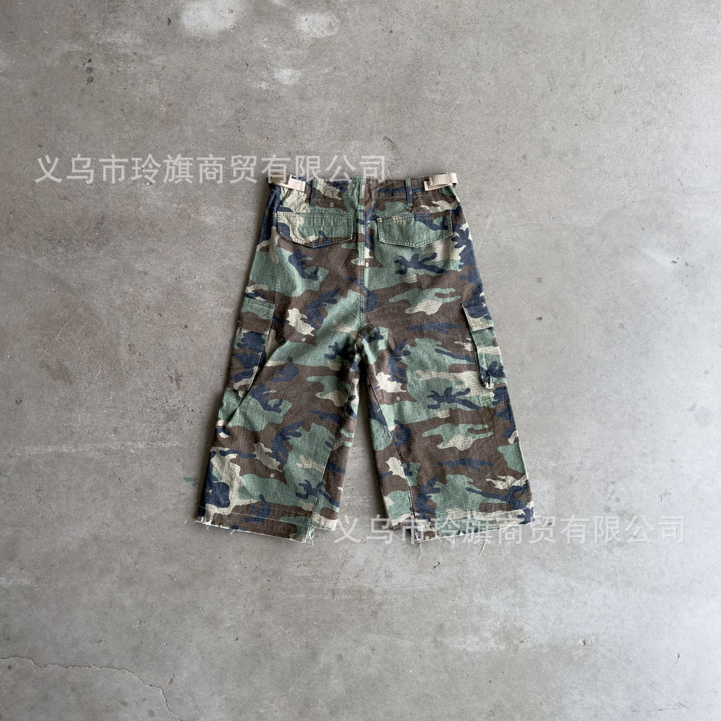 Camouflage Distressed Denim Cargo Shorts