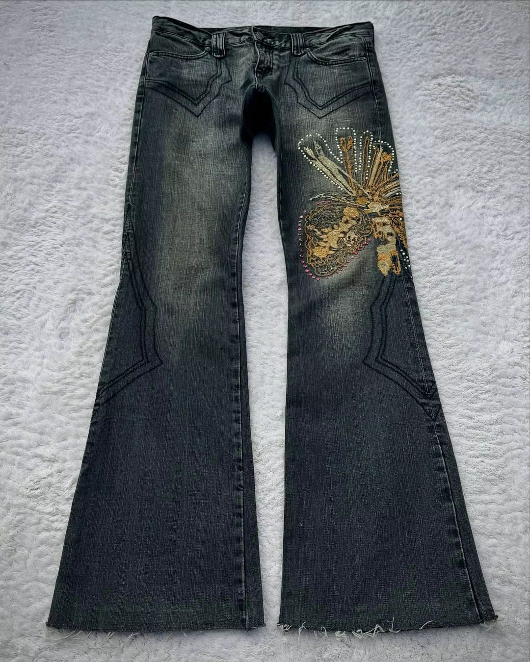 Y2K Dark-Style Patchwork Embroidered Flare Jeans